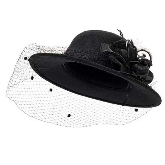 Vintage Bowler Fedora Hat with Veil Floppy Brim Felt Elegant Fascinator - Picture 8 of 8
